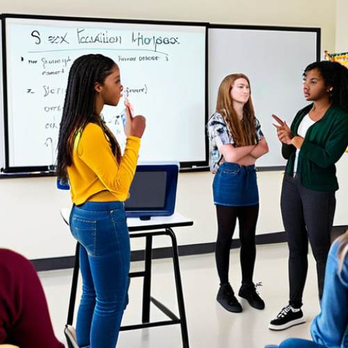 Home 4 **
A diverse group of teenagers in a modern high school classroom, participating in a sex education lesson. The teacher is facilitating a discussion about healthy relationships and consent, using a digital whiteboard displaying social media posts and online articles. The atmosphere is open and supportive, with students actively engaged and asking questions. Focus on the importance of media literacy and responsible online behavior. Style: Realistic, educational.
**
