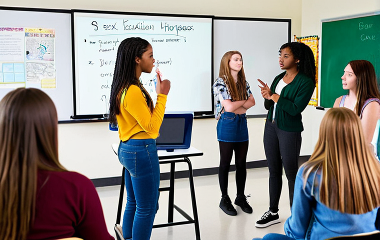 **
A diverse group of teenagers in a modern high school classroom, participating in a sex education lesson. The teacher is facilitating a discussion about healthy relationships and consent, using a digital whiteboard displaying social media posts and online articles. The atmosphere is open and supportive, with students actively engaged and asking questions. Focus on the importance of media literacy and responsible online behavior. Style: Realistic, educational.
**