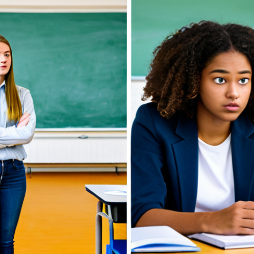 Home 17 Comparing US and Dutch Sex Education Models**
"A split-screen image. On the left, a diverse group of fully clothed high school students in a US classroom looking confused during an abstinence-only lecture. Modest clothing, school setting. On the right, a bright and open classroom in the Netherlands with students actively participating in a discussion about relationships, fully clothed, appropriate attire. Safe for work. Perfect anatomy, natural proportions, professional illustration, high quality."
**