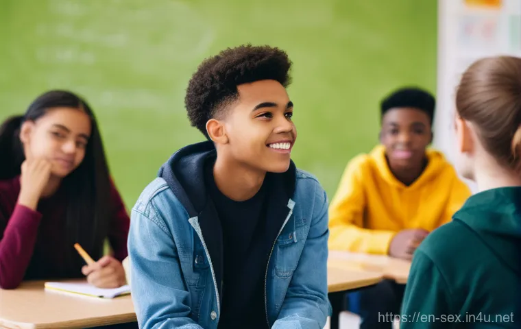 성교육과 성별 역할 - **Prompt:** A diverse group of teenagers, aged 15-18, seated in a brightly lit, modern classroom or ...