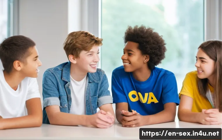 성교육과 생식 건강 - A diverse group of teenagers, including boys and girls aged around 13-15, sitting together in a brig...