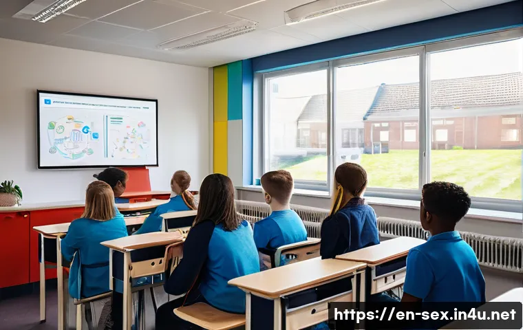 성교육과 역사적 성문화 변화 - A diverse classroom scene depicting a modern sexual education session in a Northern European school,...