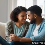 Home 21 성교육과 성적 탐구 - A warm and inviting scene of a diverse couple sitting together in a cozy living room, engaging in op...