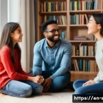 Home 20 성교육과 성폭력 예방 - A warm, inviting family living room scene showing a diverse family—parents and two children aged aro...