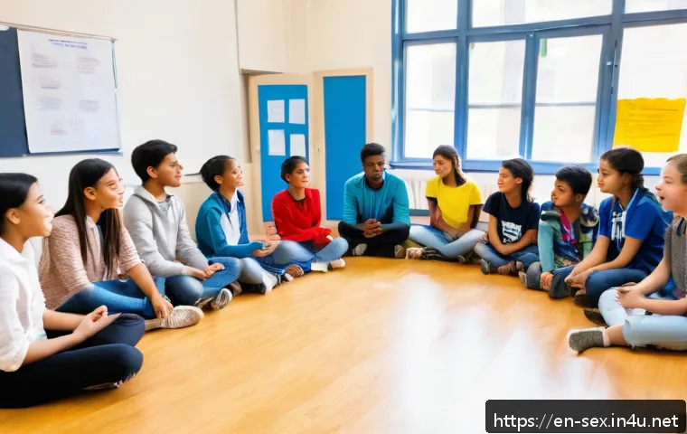성교육과 성적 도덕성 - A warm and inviting classroom scene showing a diverse group of teenagers and a compassionate adult f...