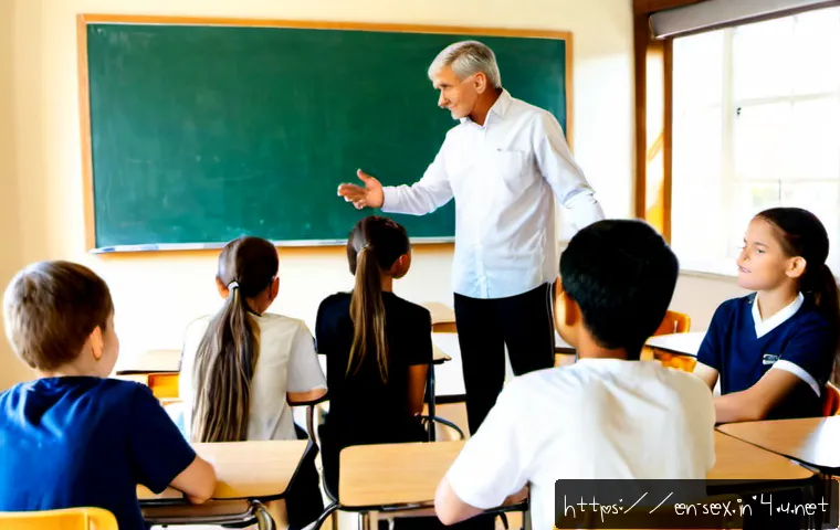 Home 17 성교육과 동물의 성행동 비교 - Photorealistic middle-aged health educator leading an age-appropriate classroom discussion with dive...
