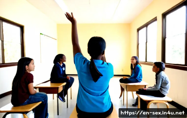성교육과 학교 폭력 예방 - Photorealistic middle school classroom in a North American school, a compassionate female health edu...
