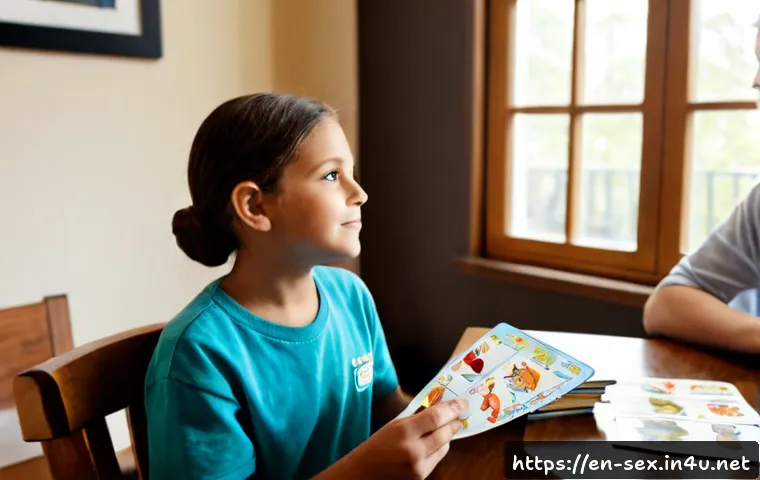 가정에서의 성교육 방법 - Photorealistic family education scene in a bright American living room, a calm parent and preteen ch...