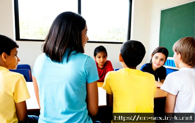 성교육과 젠더 감수성 - Photorealistic inclusive middle school health education classroom in the United States, a warm and a...